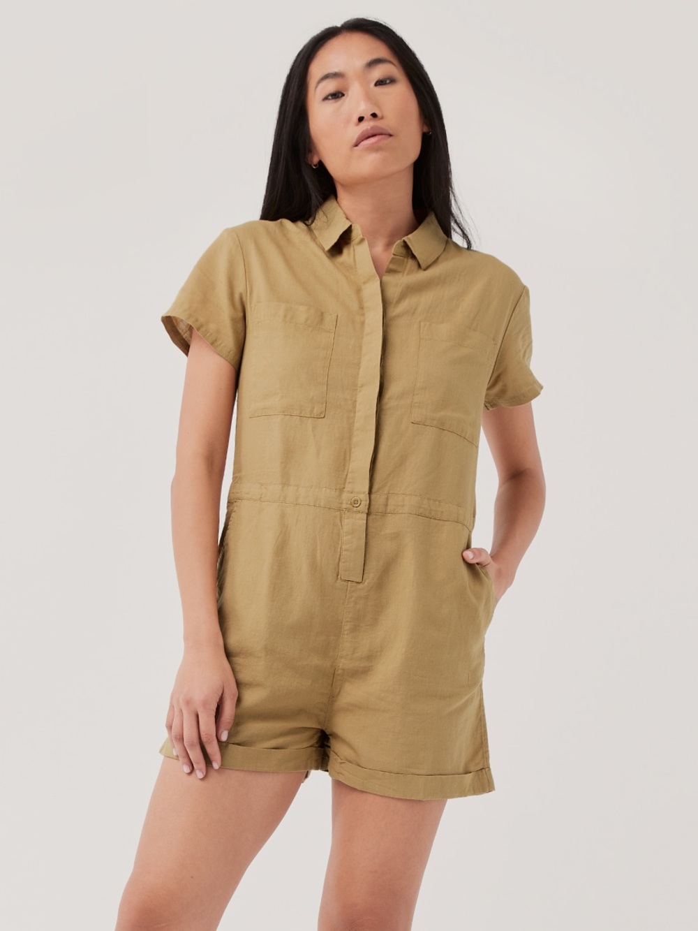 Pact Short-Sleeve Button-Front Romper in Olive Green